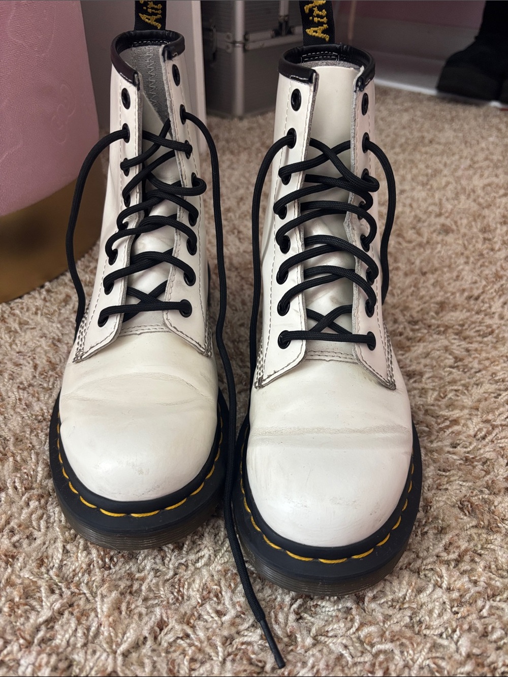 Dr. Martens White Leather Lace-Up Combat Boots with Black Trim